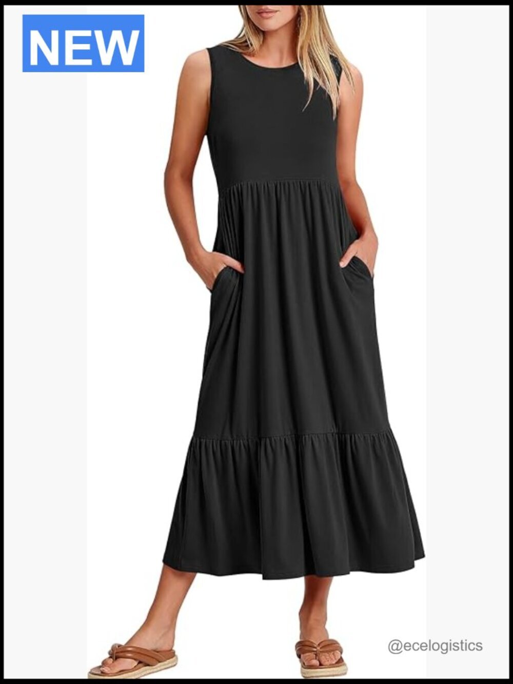 Sleeveless Crewneck Tiered Maxi Dress with Pockets Summer Beach Casual